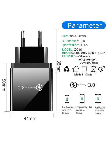 FONKEN – chargeur mural 4 USB QC3.0